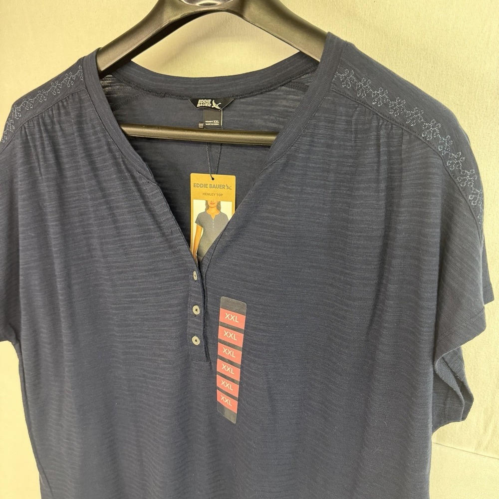 Eddie Bauer Henley Shirt Navy Embroidered Detail Short Sleeve Plus 2XL NWT